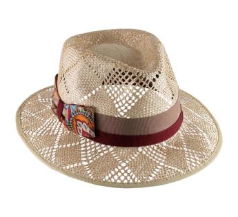 Chapeau de paille à pompon Liberty B fluo thé en raphia naturel